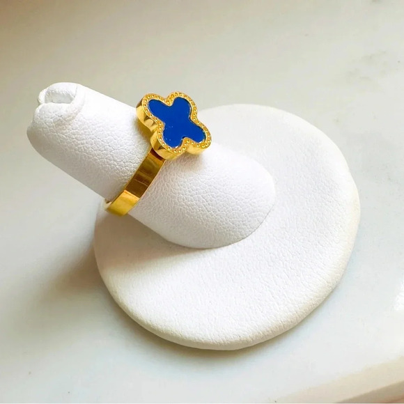 NWOT High Quality Stainless Steel Four Leaf Clover Lapis Lazuli Ring Sz 7 - Picture 2 of 5